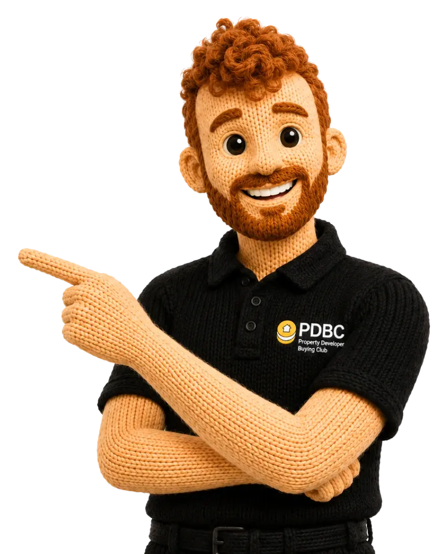 Property Developers Buying Club mascot in a PDBC polo shirt pointing to member savings
