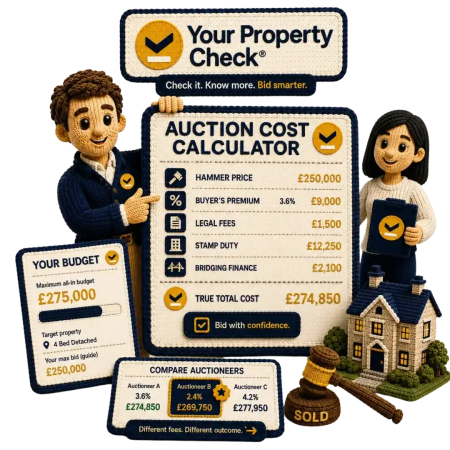 Knitted character holding a stack of coins next to a UK property auction lot card