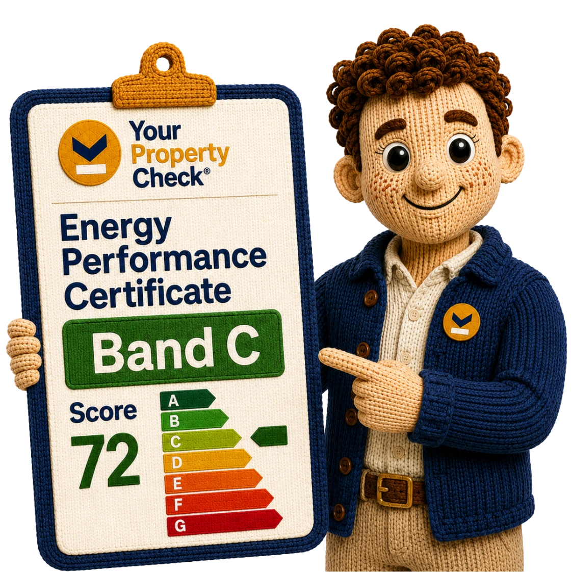 Knitted character holding an EPC energy rating chart in front of a UK home