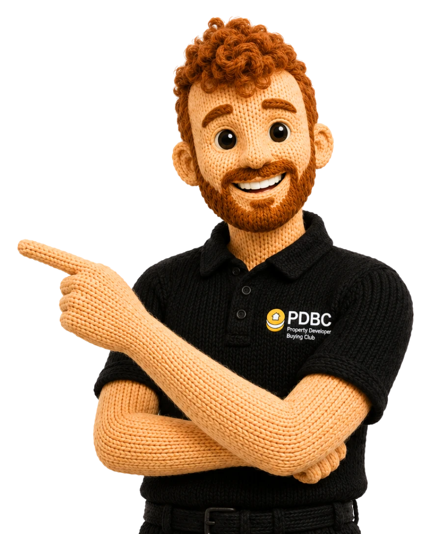 Property Developers Buying Club mascot in a PDBC polo shirt pointing to member savings