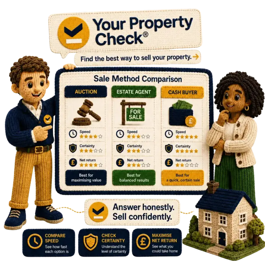 Knitted character comparing sale routes — auction vs estate agent vs cash buyer
