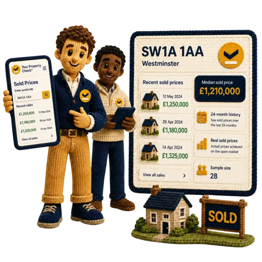 Property buyer reviewing real UK sold prices on a laptop with charts and market range